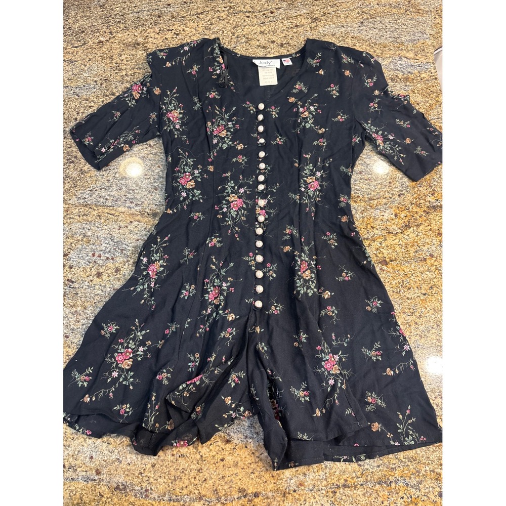 Vintage Jody California Floral Romper Black Pearl Button Corset Back 90s Size 0